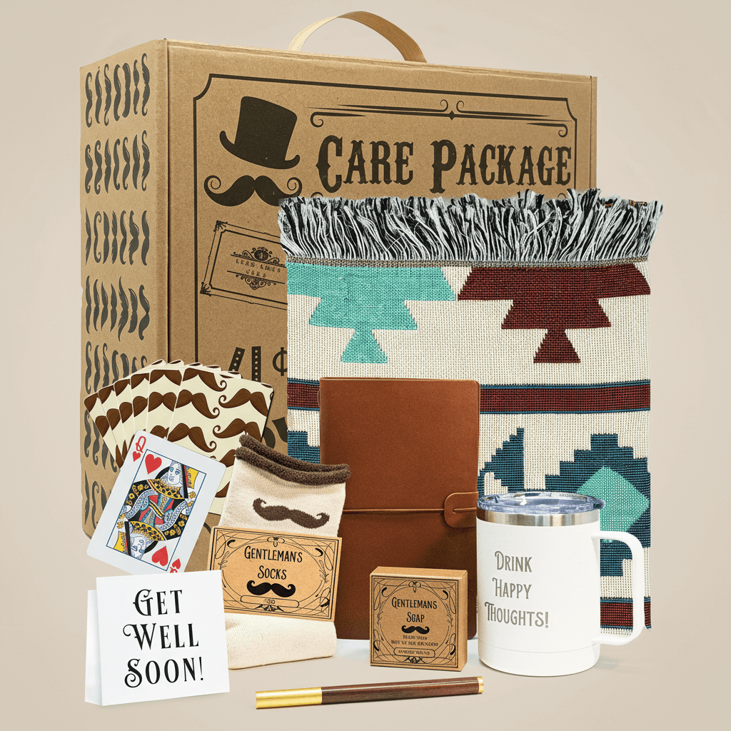 Vintage Gentleman’s Get Well Soon Care Package Gift Box with playing cards, socks, mug, and cozy blanket for comfort and cheer.
