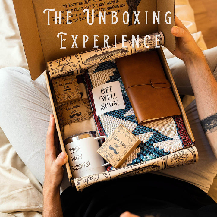 Unboxing the Vintage Gentleman’s Get Well Soon Care Package Gift Box with cozy contents and cheerful accessories for a speedy recovery.