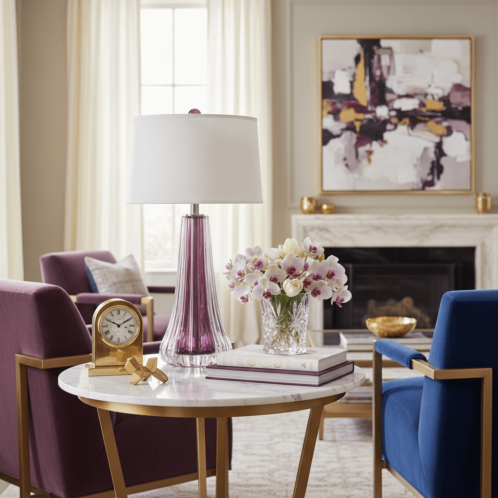 Living room with a round table, chairs, and decorative items. A glass table lamp is on a table.
