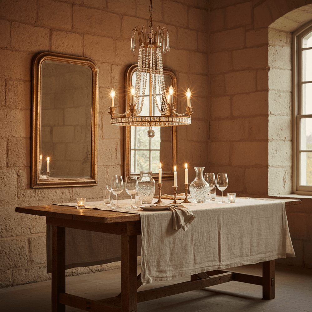 Vintage Glamour Gold and Crystal Chandelier illuminating a rustic dining room, exuding Italian elegance with sparkling crystal accents.