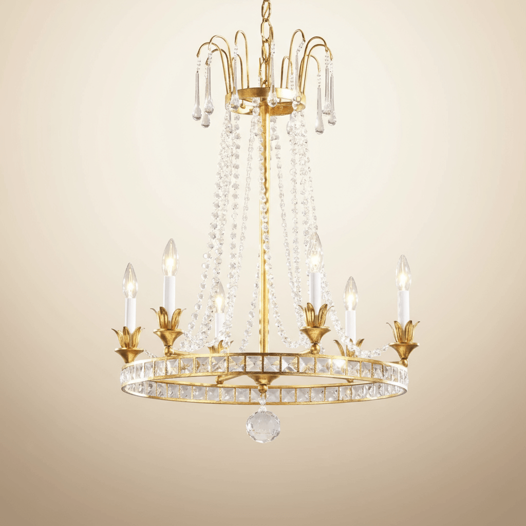 Vintage Glamour Gold and Crystal Chandelier, Italian elegance with cascading crystals, perfect for timeless luxury interiors.