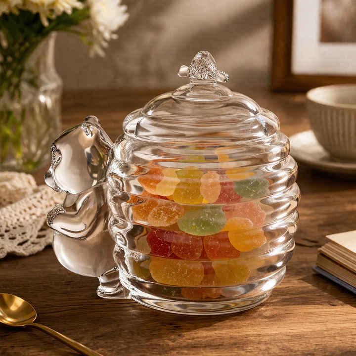 Vintage glass bear honey jar filled with colorful sweets on a rustic table