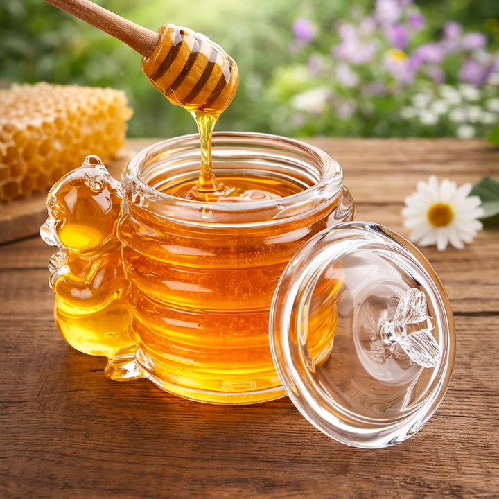 Clear glass honey jar with sculpted bear detail and domed lid