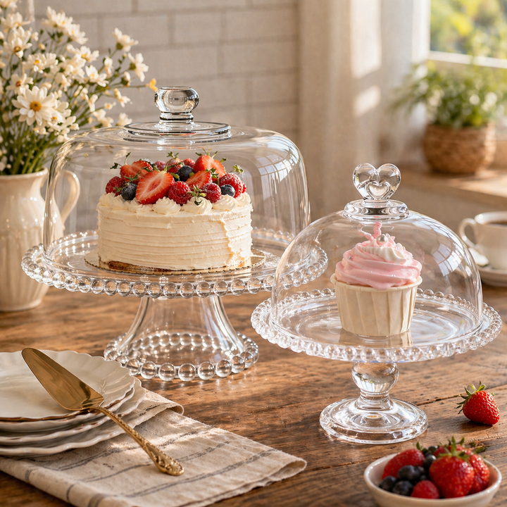 Style A vintage glass cake stand with cloche displaying muffins on a farmhouse table