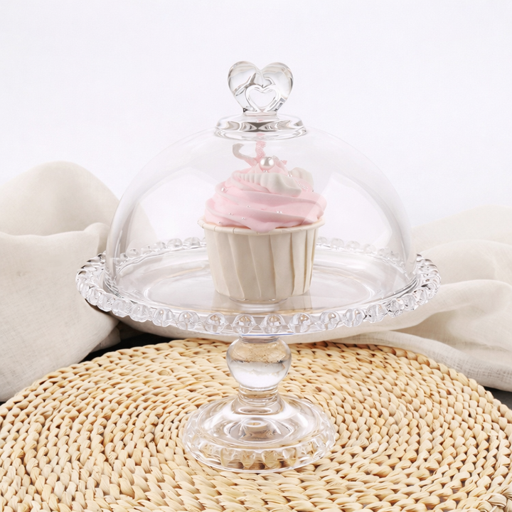 Style B clear glass cake stand with dome cover in a bright kitchen