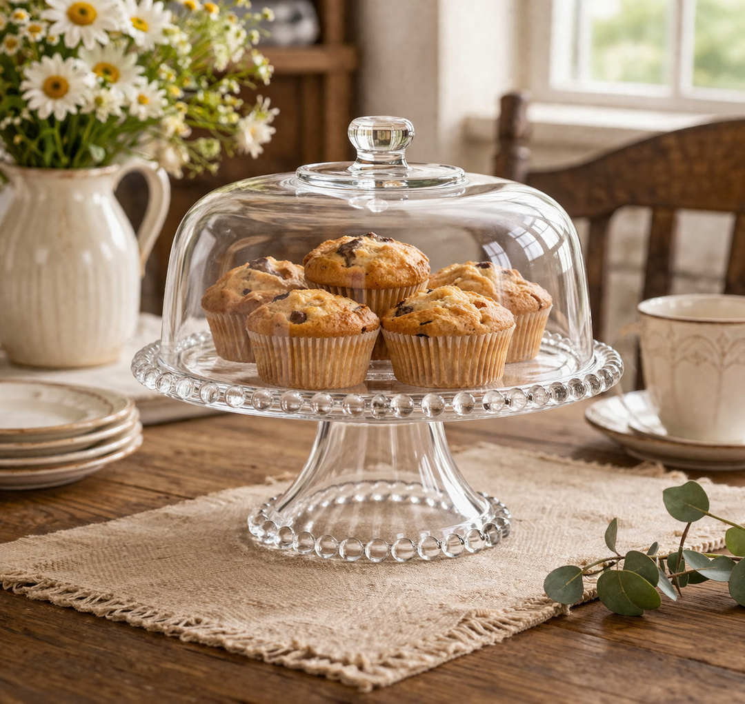 Style A glass cake stand and cloche with beaded rim detail
