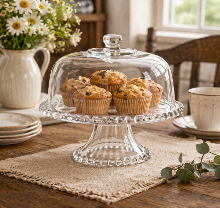 Style A glass cake stand and cloche with beaded rim detail