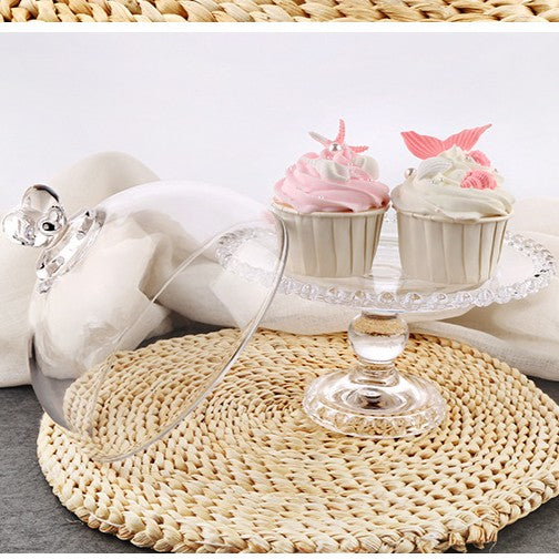 Style B pedestal cake stand with clear cloche shown from the side