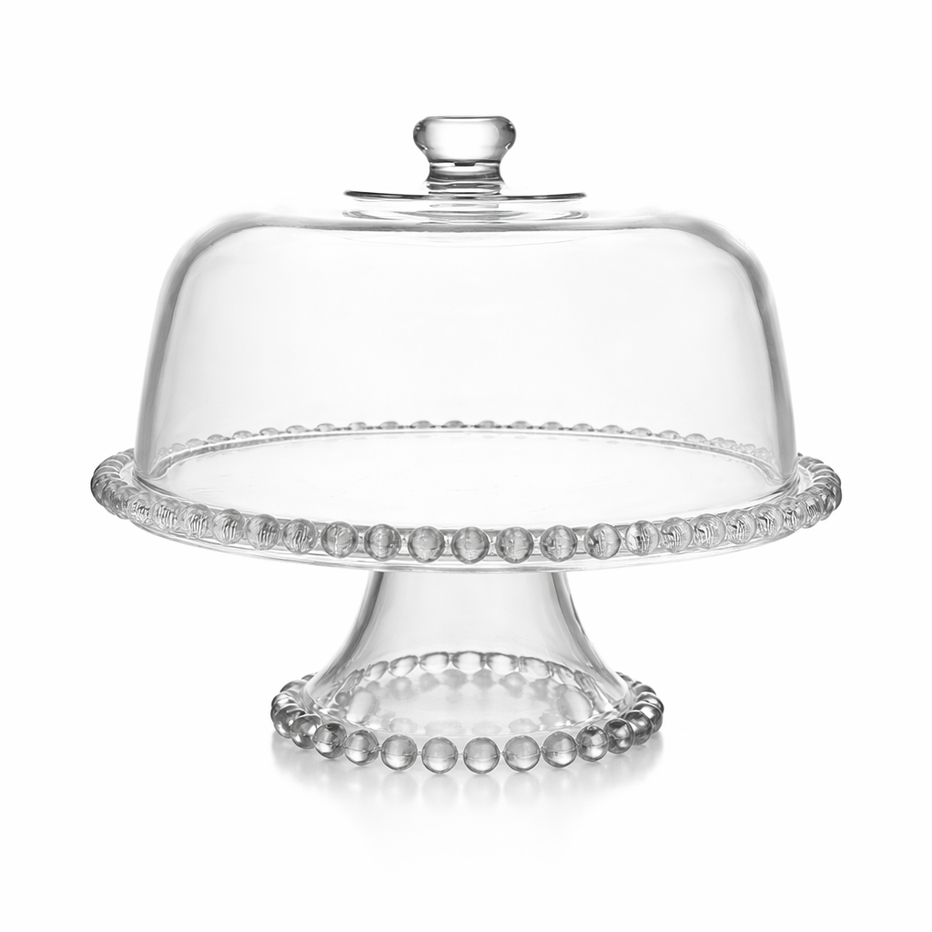 Close view of the domed cover, knob, and decorative glass pedestal