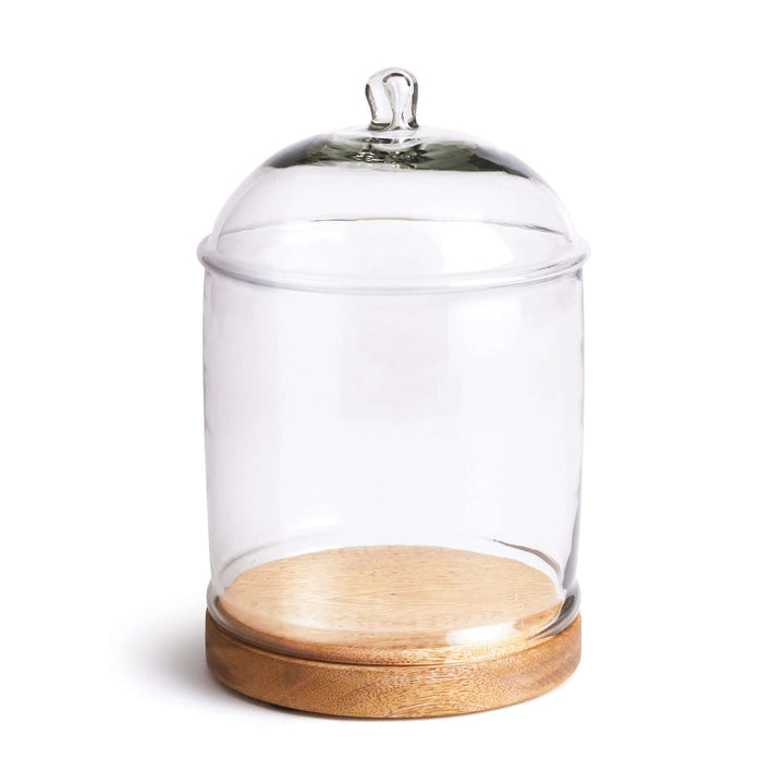 Vintage glass cloche with wood base, ideal for showcasing culinary delights and adding rustic charm to any decor.