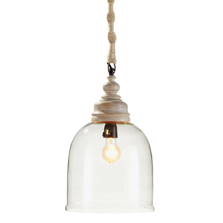 Vintage glass pendant light with wood accents, bell-shaped shade, casting warm candlelight glow.