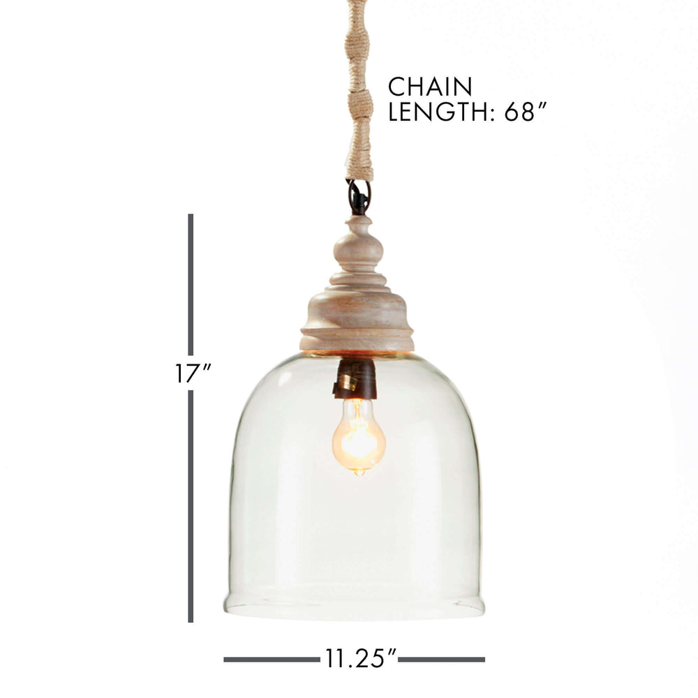 Vintage glass pendant light with wood accents, clear bell shade, and warm light, height 17 inches, diameter 11.25 inches.