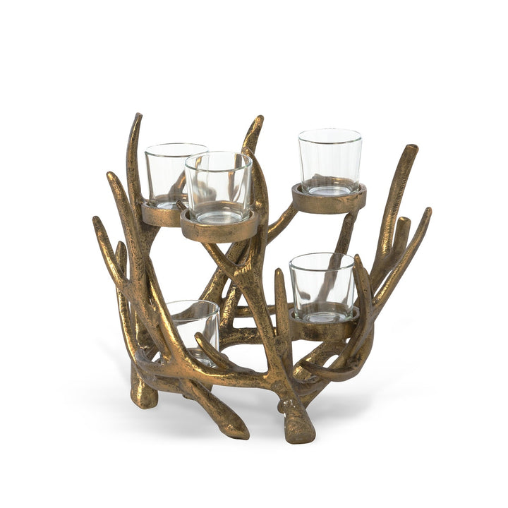 Vintage Gold Antler Candle Holder Centerpiece with glass votive cups, featuring an interwoven antler design in antique gold finish.