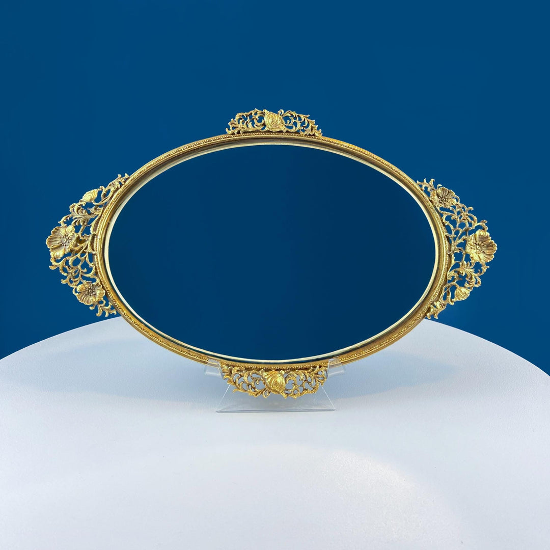 Vintage Gold Dresser Vanity Mirrored Tray. Rich Gilded Metal Tea Rose Oval Frame. Chic Bedroom Bath Perfume Display. Wall Hanging.