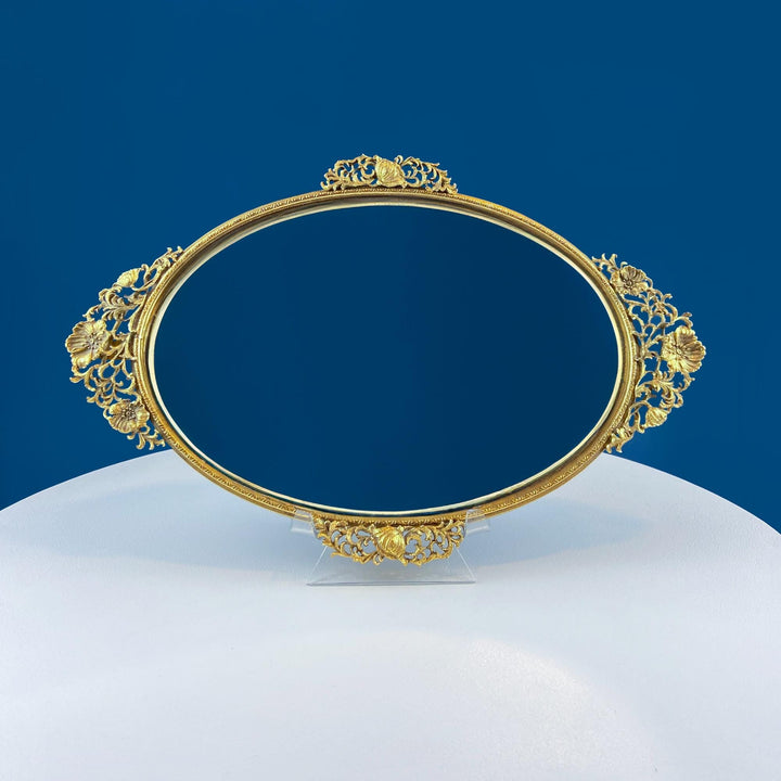 Vintage Gold Dresser Vanity Mirrored Tray. Rich Gilded Metal Tea Rose Oval Frame. Chic Bedroom Bath Perfume Display. Wall Hanging.