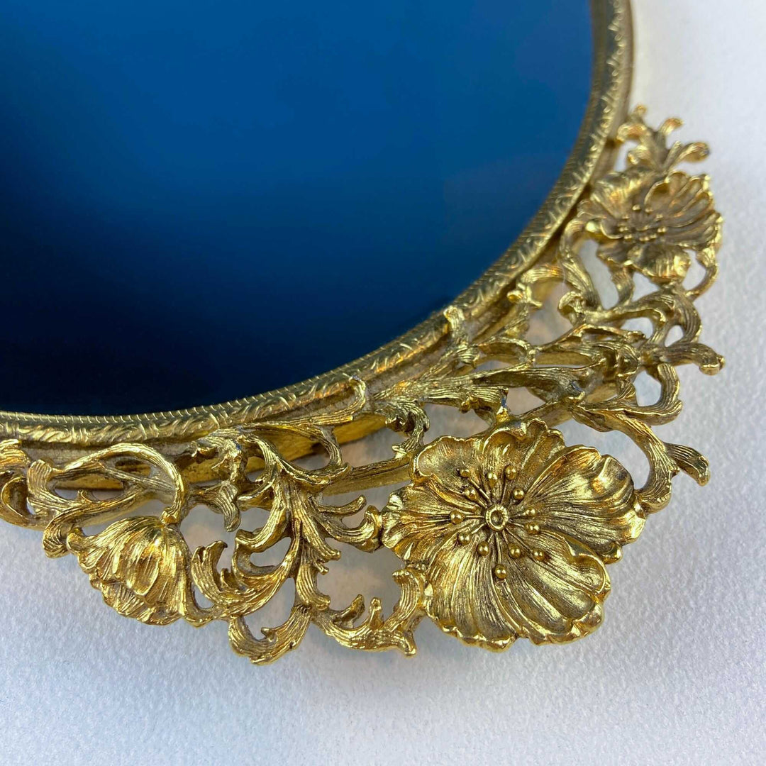 Vintage Gold Dresser Vanity Tray. Rich Floral Gilded Metal Motif. Chic Bedroom Bath Decor. Wall Hanging. Decorative Mirror. Gift for Her