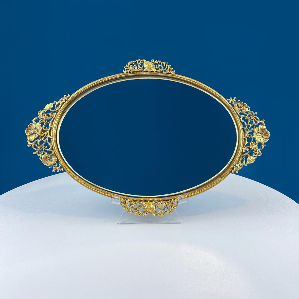 Vintage Gold Dresser Vanity Tray. Rich Floral Gilded Metal Motif. Chic Bedroom Bath Decor. Wall Hanging. Decorative Mirror.