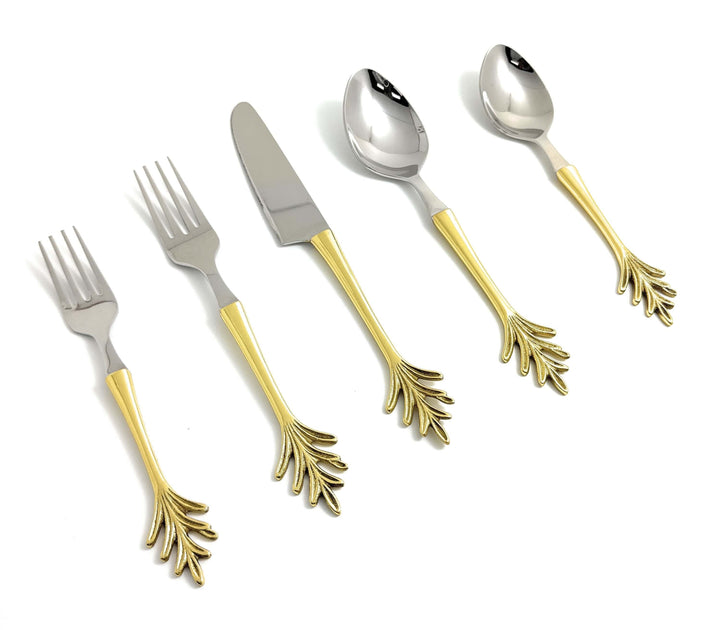 Vintage Gold Leaf Handle Flatware Set (20-Piece) with ornate golden leaf handles and gleaming stainless steel bodies.