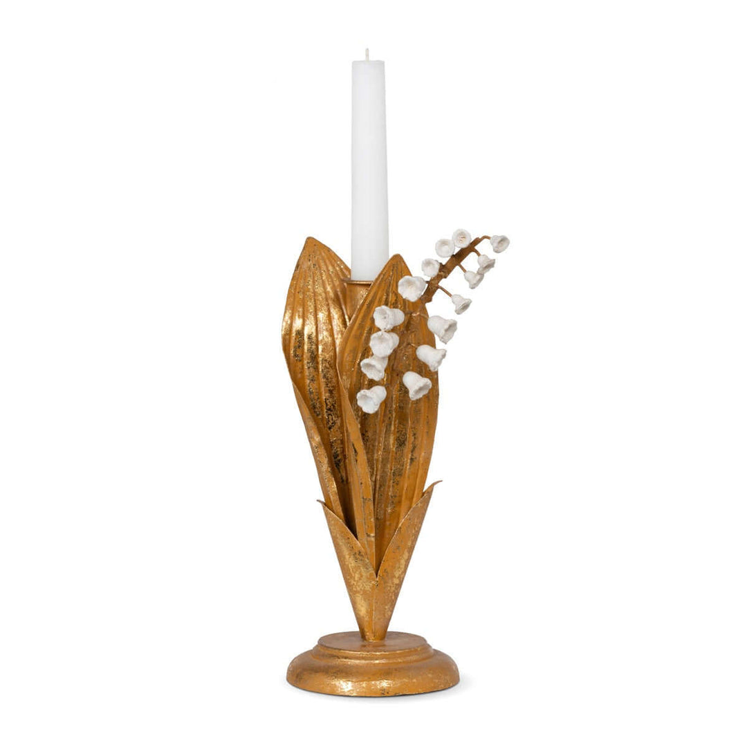 Vintage Gold Lily of the Valley Candle Holder with delicate white blossoms and golden leaves on a sleek base.