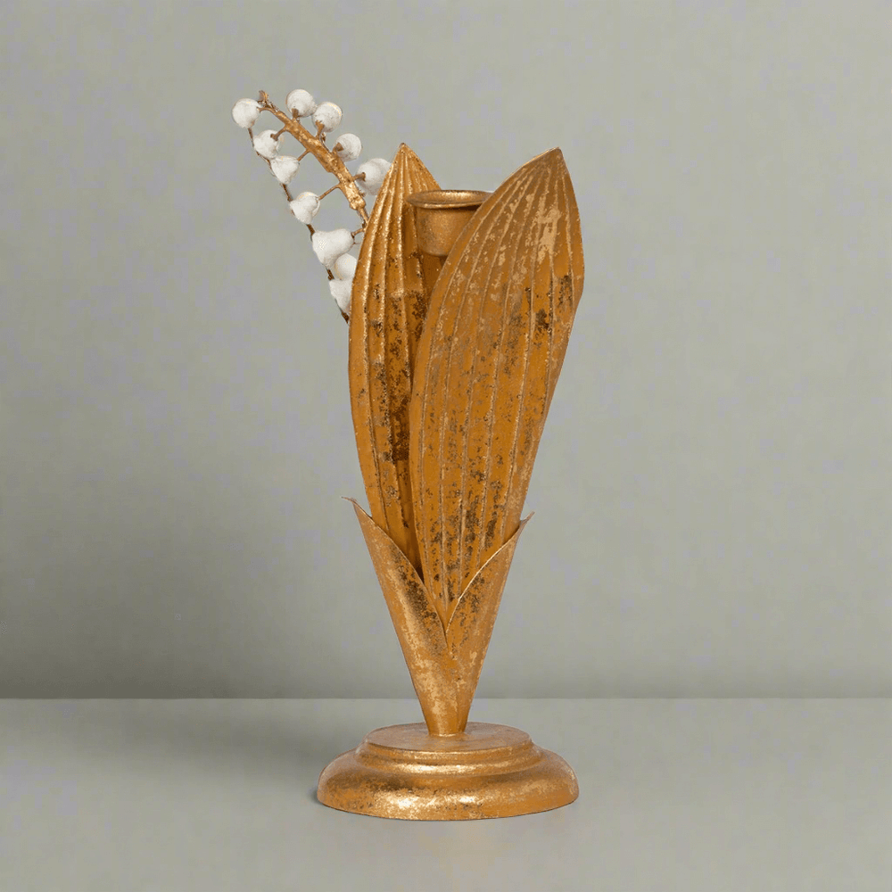 Vintage Gold Lily of the Valley Candle Holder with white blossoms on tole metal, perfect for elegant home décor.