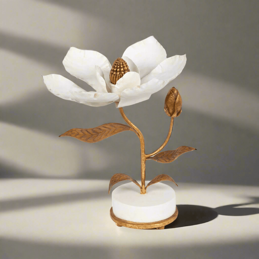Vintage Gold Magnolia Candle Holder with ivory petals and golden center on a white base