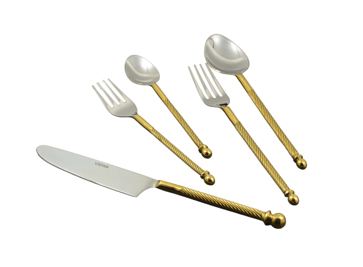 Vintage Gold Swirl Handle Flatware Set (20-Piece) with twisted golden handles and orb finials, perfect for elegant dining.