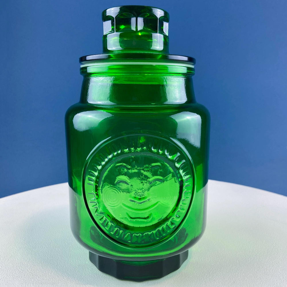 Vintage Green Glass Storage Jar with Lid. Wheton NJ. Glass Canister. Countertop Container or Cookie Jar. Modern Farmhouse.