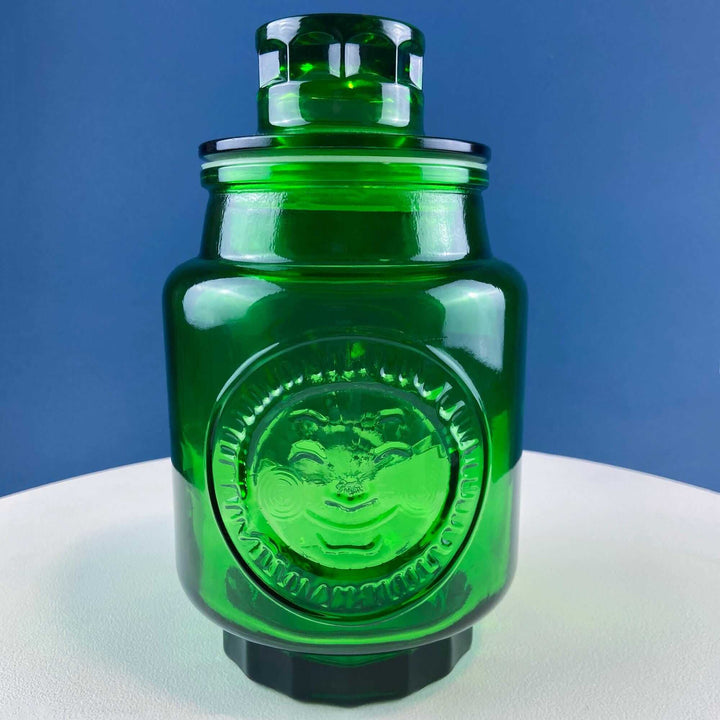 Vintage Green Glass Storage Jar with Lid. Wheton NJ. Glass Canister. Countertop Container or Cookie Jar. Modern Farmhouse.