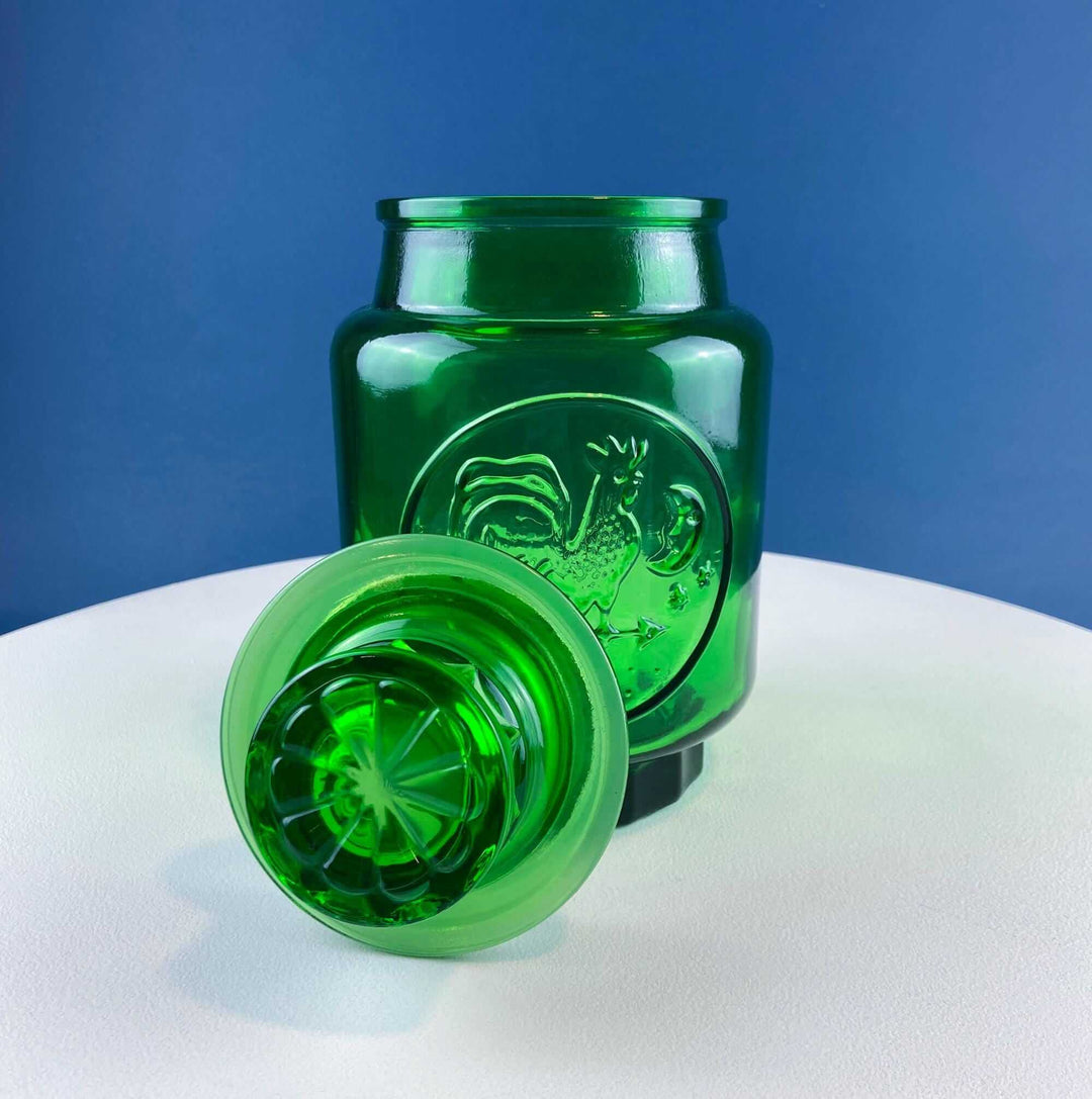 Vintage Green Glass Storage Jar with Lid. Wheton NJ. Glass Canister. Countertop Container or Cookie Jar. Modern Farmhouse. Dining Room Decor.