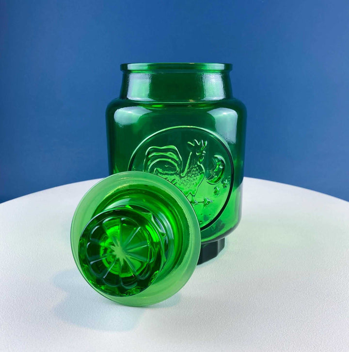 Vintage Green Glass Storage Jar with Lid. Wheton NJ. Glass Canister. Countertop Container or Cookie Jar. Modern Farmhouse. Dining Room Decor.