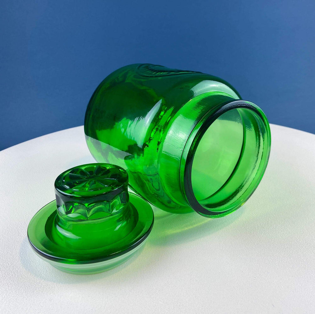 Vintage Green Glass Storage Jar with Lid. Wheton NJ. Glass Canister. Countertop Container or Cookie Jar. Modern Farmhouse. Dining Room Decor.