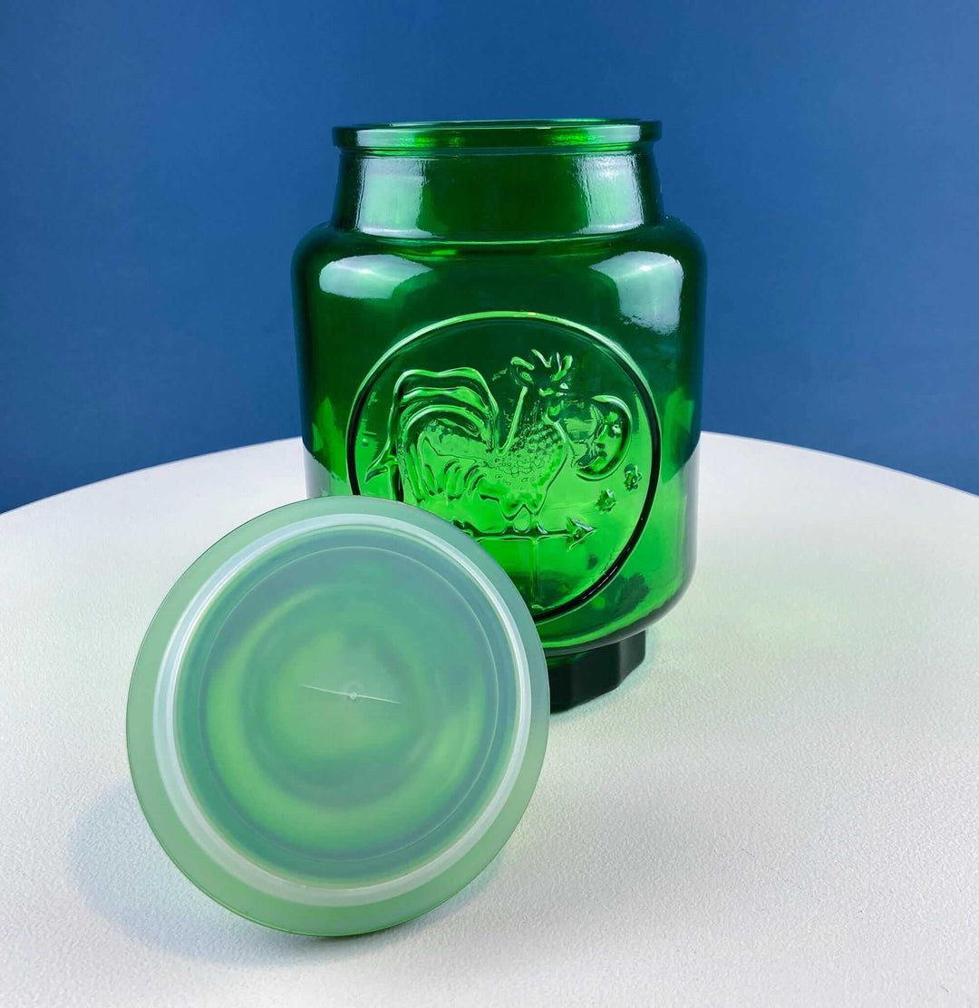 Vintage Green Glass Storage Jar with Lid. Wheton NJ. Glass Canister. Countertop Container or Cookie Jar. Modern Farmhouse.