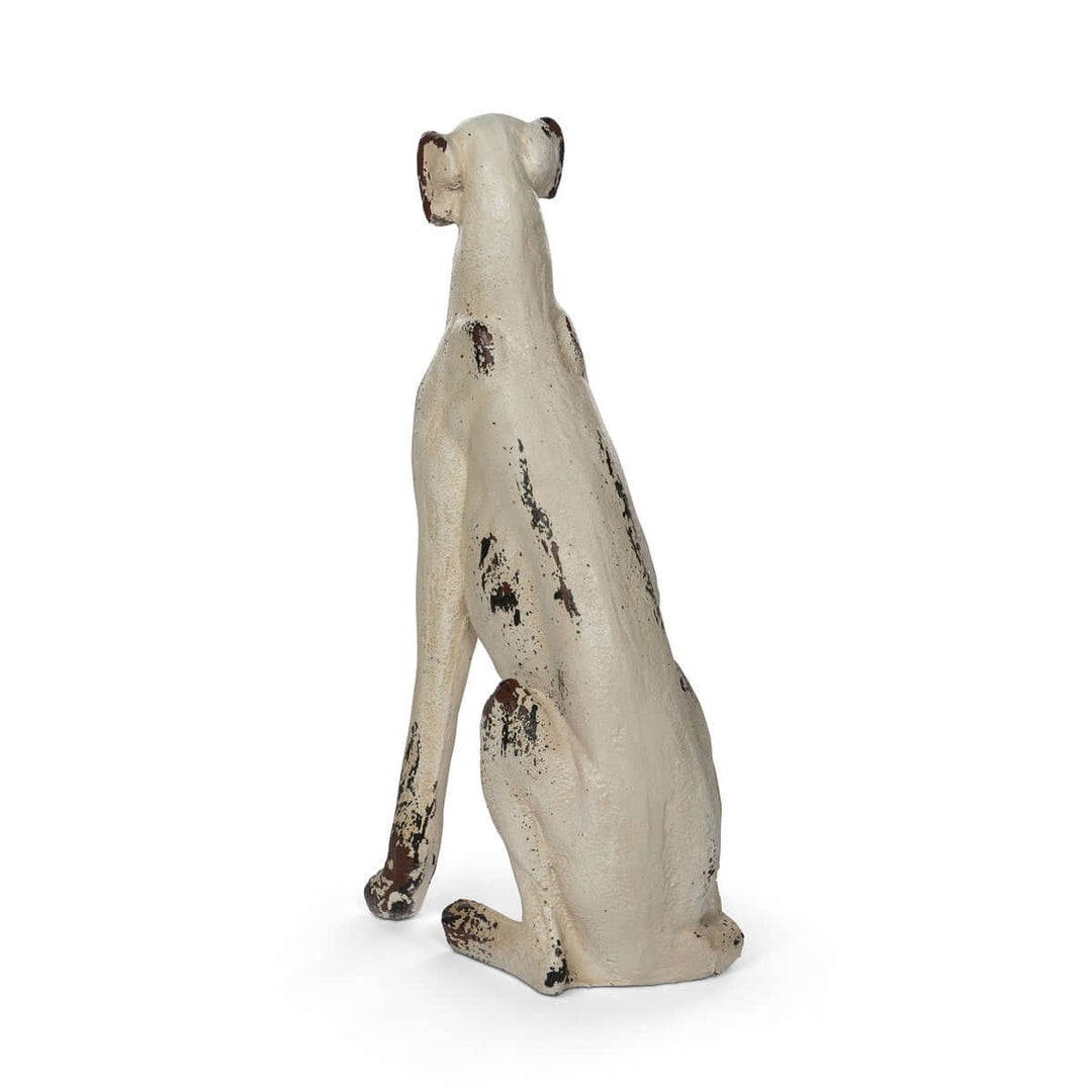 Back view of a Vintage Greyhound Dog Statue with distressed finish, resembles weathered cast iron, 31 inches tall decorative sculpture.