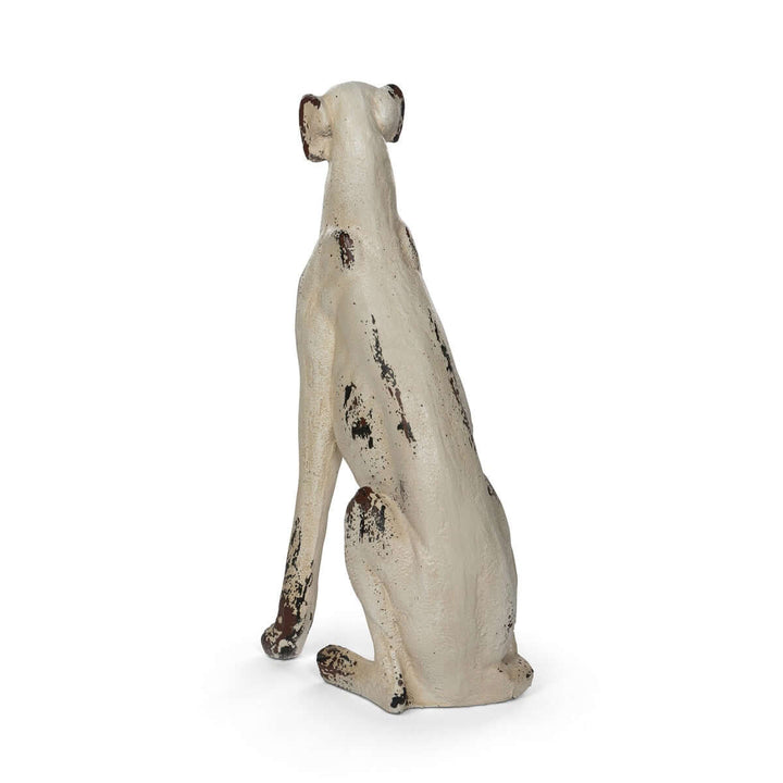 Back view of a Vintage Greyhound Dog Statue with distressed finish, resembles weathered cast iron, 31 inches tall decorative sculpture.