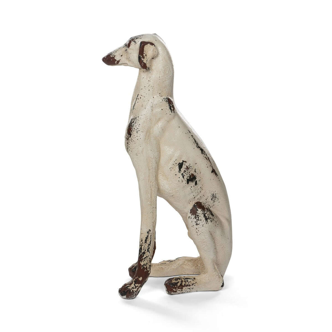 Vintage Greyhound Dog Statue crafted from magnesium oxide with a distressed finish, resembling weathered cast iron, 31 inches tall.