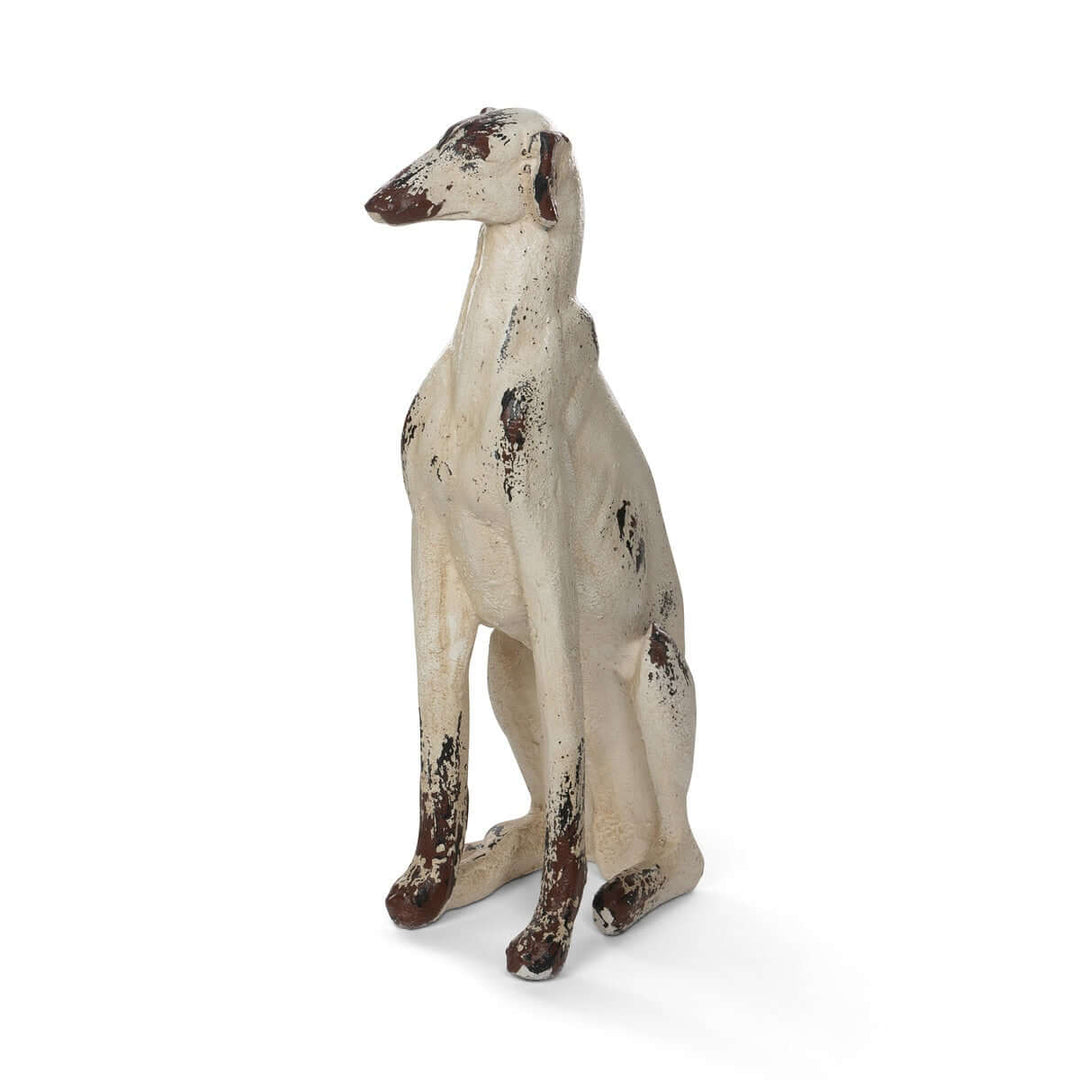 Vintage Greyhound Dog Statue with distressed finish resembling weathered cast iron, crafted from magnesium oxide, 31 inches tall.