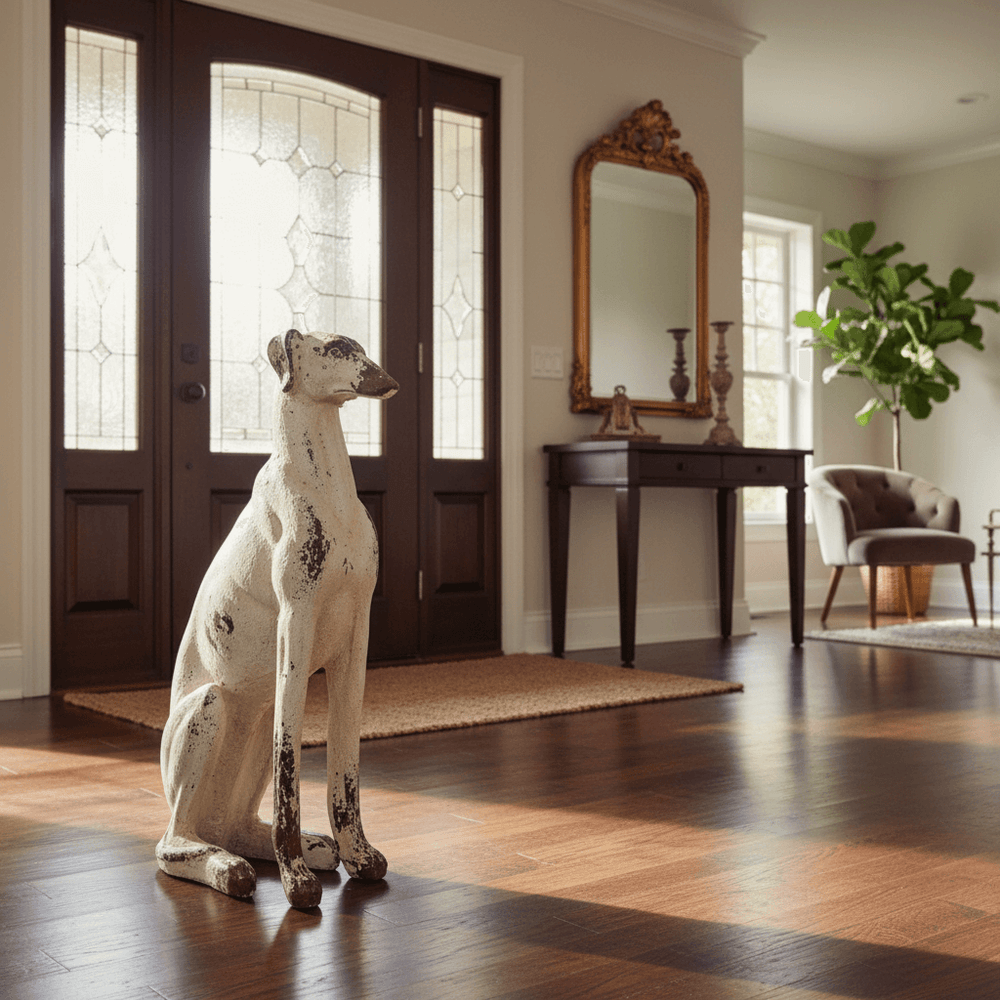 Decorative statue of a dog in a stylish interior setting with a mirror and furniture.