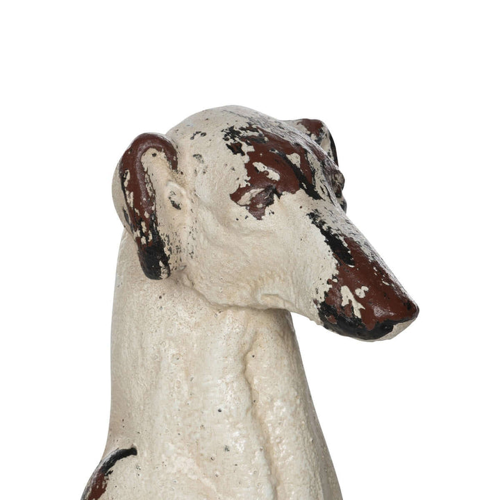 Close-up of Vintage Greyhound Dog Statue with distressed finish and detailed craftsmanship