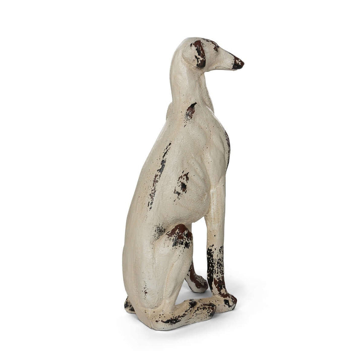 Vintage Greyhound Dog Statue with distressed finish and elegant design, perfect for home decor. Stands 31 inches tall, magnesium oxide craft.
