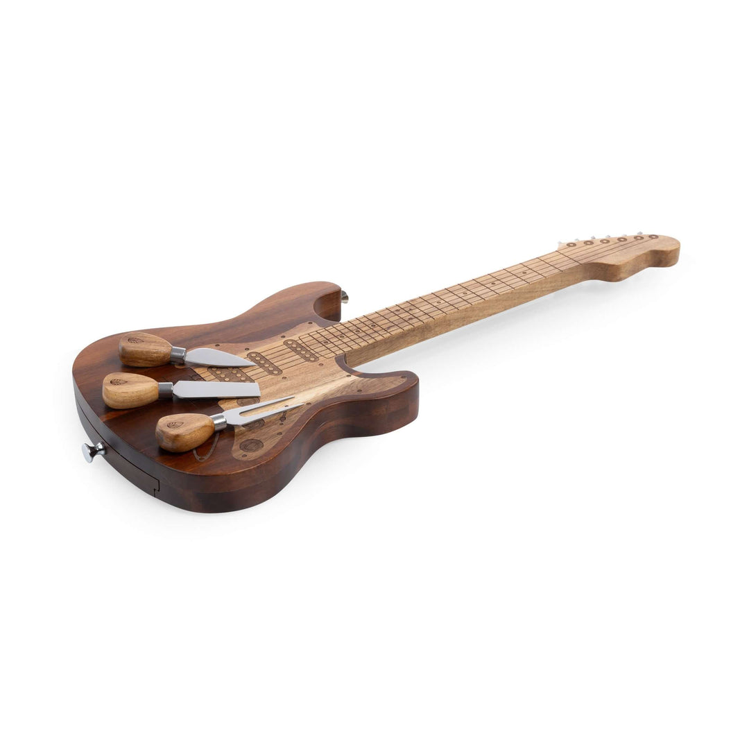 Vintage Guitar-Shaped Cheese Board with Hidden Drawer and Tools made of acacia wood, perfect for music lovers and entertainers.