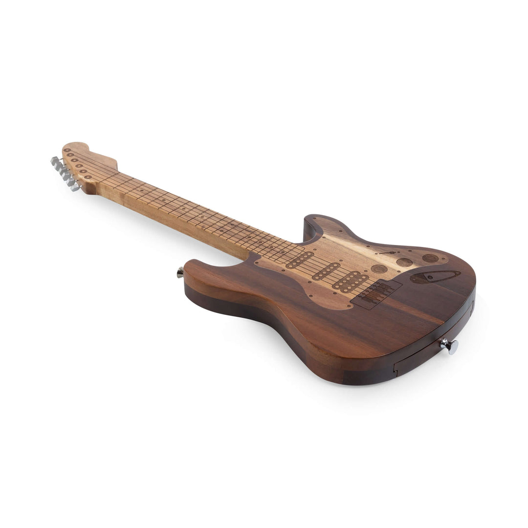 Vintage Guitar-Shaped Cheese Board with Hidden Drawer and Tools, handcrafted acacia wood centerpiece for music lovers and entertainers.
