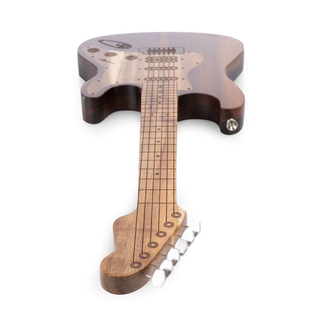 Vintage Guitar-Shaped Cheese Board with Hidden Drawer and Tools made from acacia wood, featuring handcrafted intricate details.