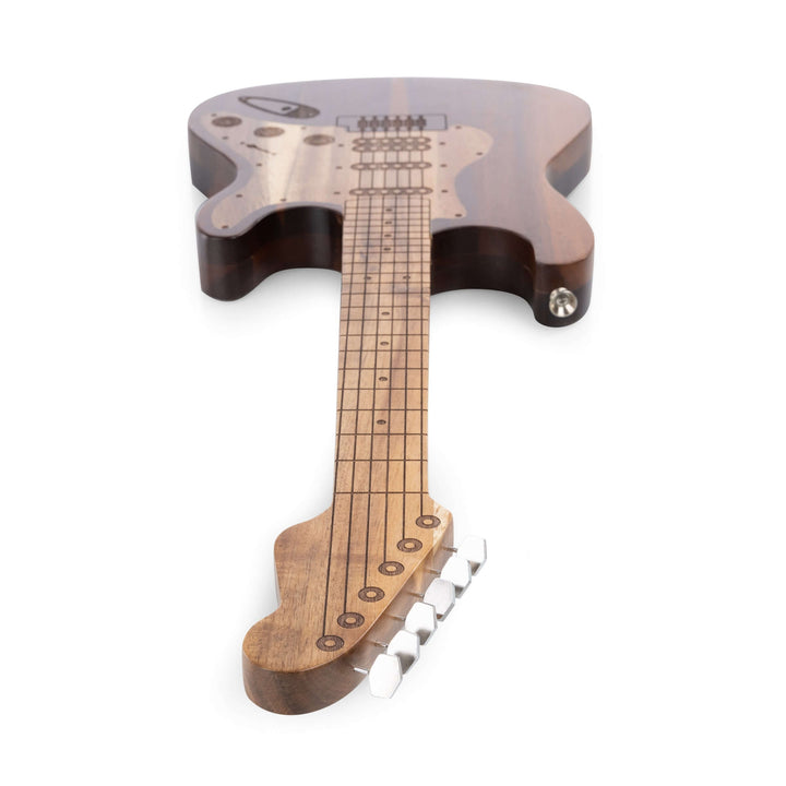 Vintage Guitar-Shaped Cheese Board with Hidden Drawer and Tools made from acacia wood, featuring handcrafted intricate details.