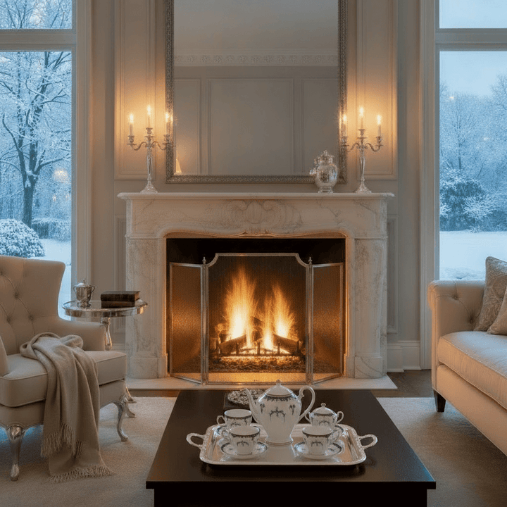 Vintage Handcrafted Italian Steel Fireplace Screen in elegant living room setting with warm fire and luxurious decor.