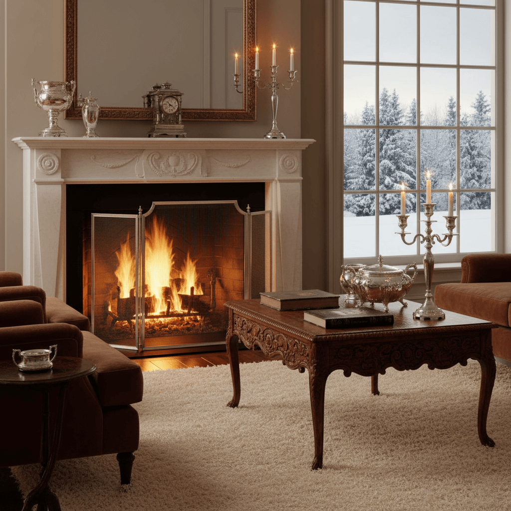 Vintage Handcrafted Italian Steel Fireplace Screen in elegant living room with roaring fire and antique decor.