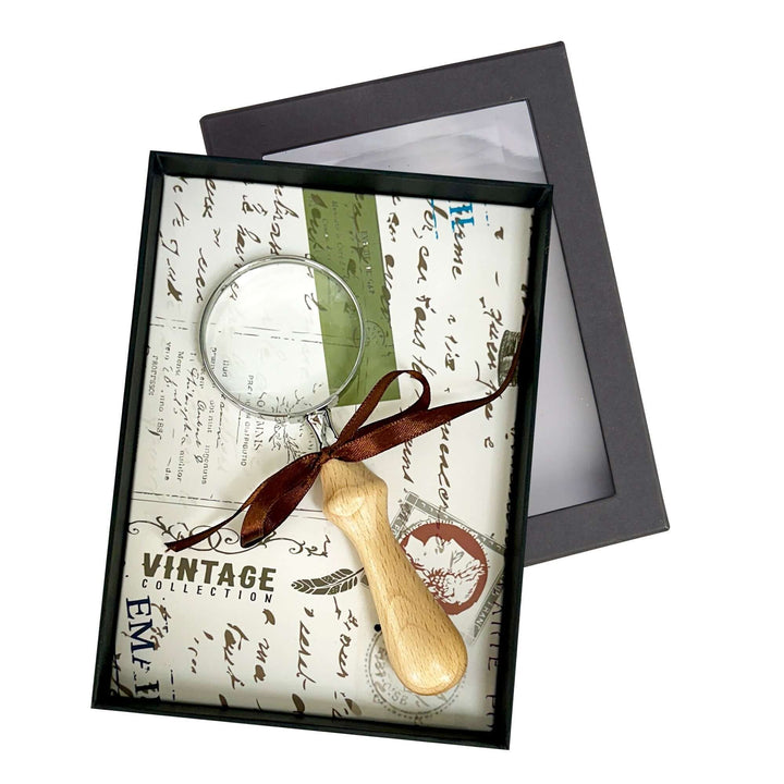 Vintage Handheld Magnifier with Wood Handle in gift box displaying classic design and polished wooden grip.