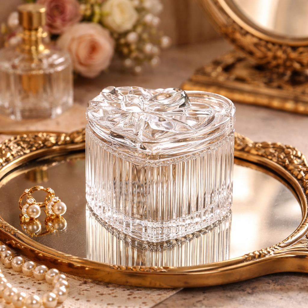Vintage heart-shaped ribbed glass trinket box styled on an antique mirrored tray