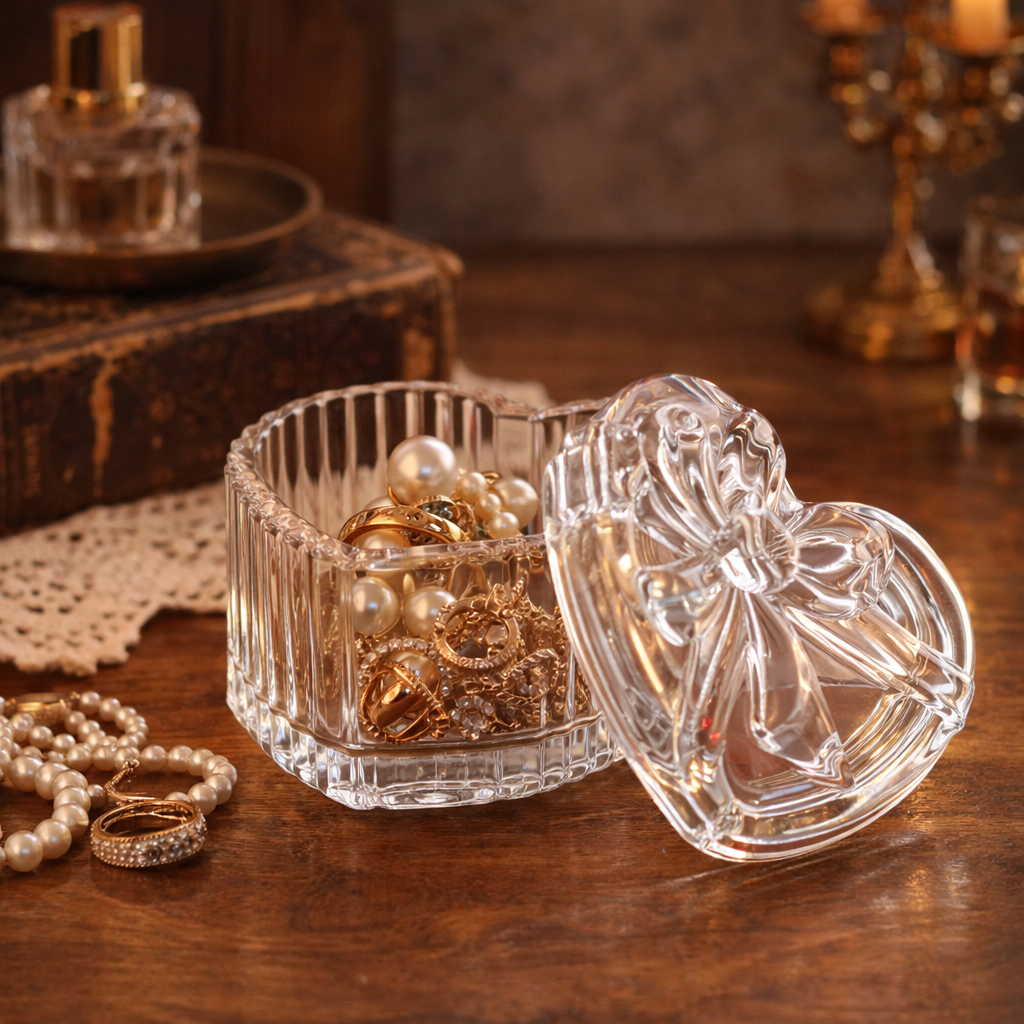 Vintage heart-shaped ribbed glass trinket box shown open to reveal the keepsake compartment