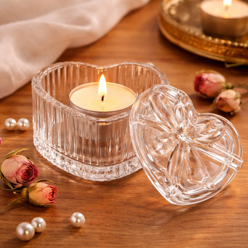 Close view of the sculpted bow lid and ribbed clear glass sides
