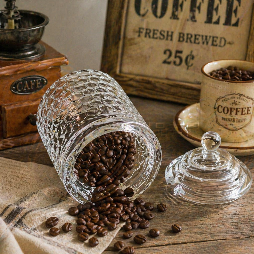 Clear honeycomb glass jar filled for decorative kitchen storage